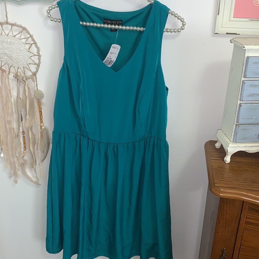 NEW Forever 21+ Dress XL Teal Green Sleeveless Open Back Mini Fit Flare Skater
